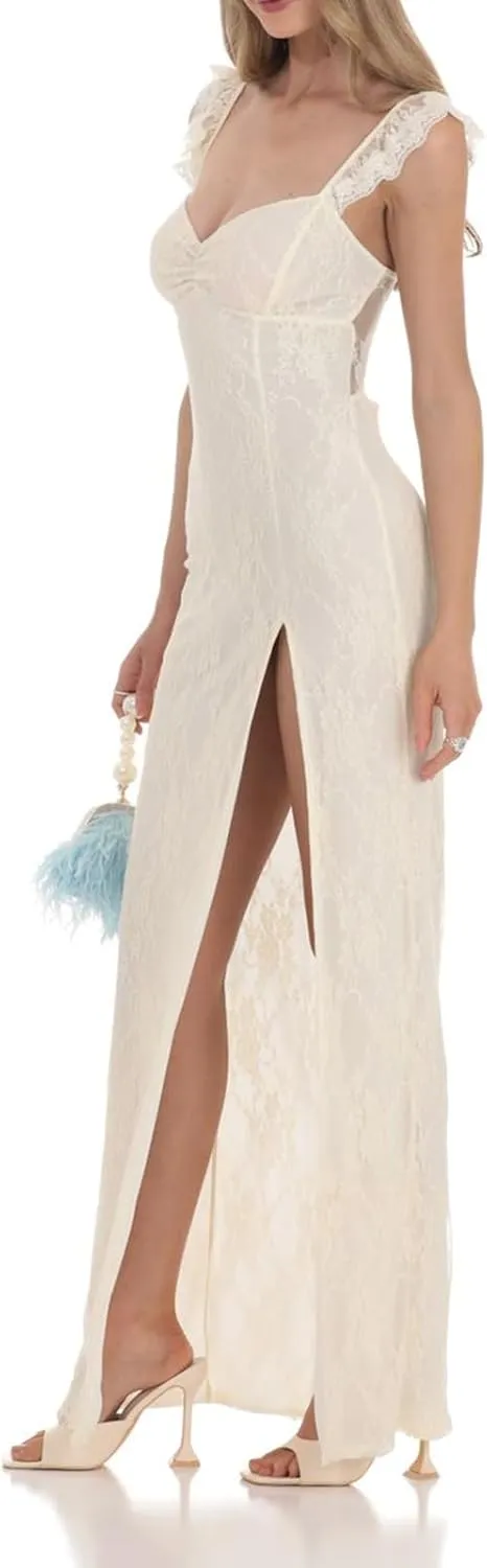 Womens Sexy Low Cut Y2k Bodycon Maxi Dress Ruffled Sleeve Backless High Split Backless Club Party Long Dress