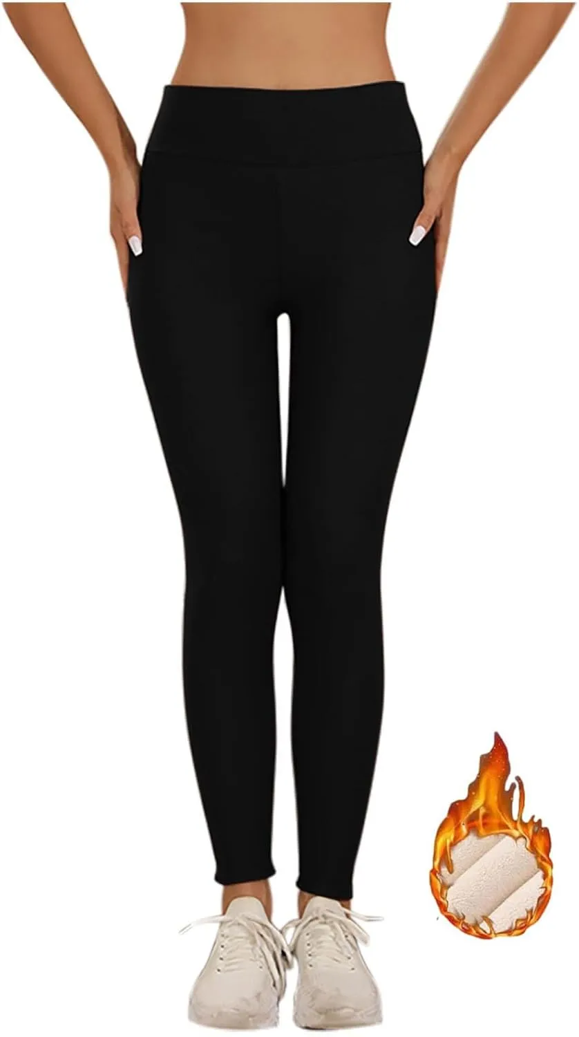 Womens Sherpa Fleece Lined Pants Winter Warm Thick Leggings Stretchy High Waisted Tights Warm Thermal Pants