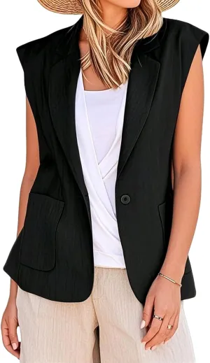 Women's Sleeveless Blazer Vest Casual Office Blazer Jackets Front Open Cardigan Work Suit Waistcoat with Pockets