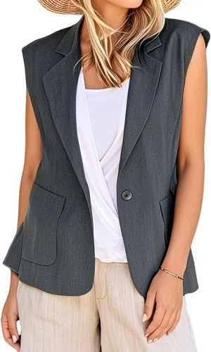 Women's Sleeveless Blazer Vest Casual Office Blazer Jackets Front Open Cardigan Work Suit Waistcoat with Pockets