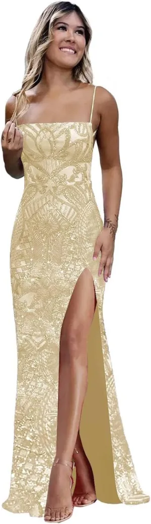 Women's Spaghetti Straps Sequin Prom Dresses Long Slit Sparkly Formal Evening Ball Gown