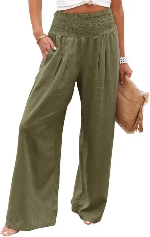 Women's Spring Summer Linen Pants Cool Wide Leg Pants Casual High Waisted Palazzo Pants Lounge Trousers with Pockets