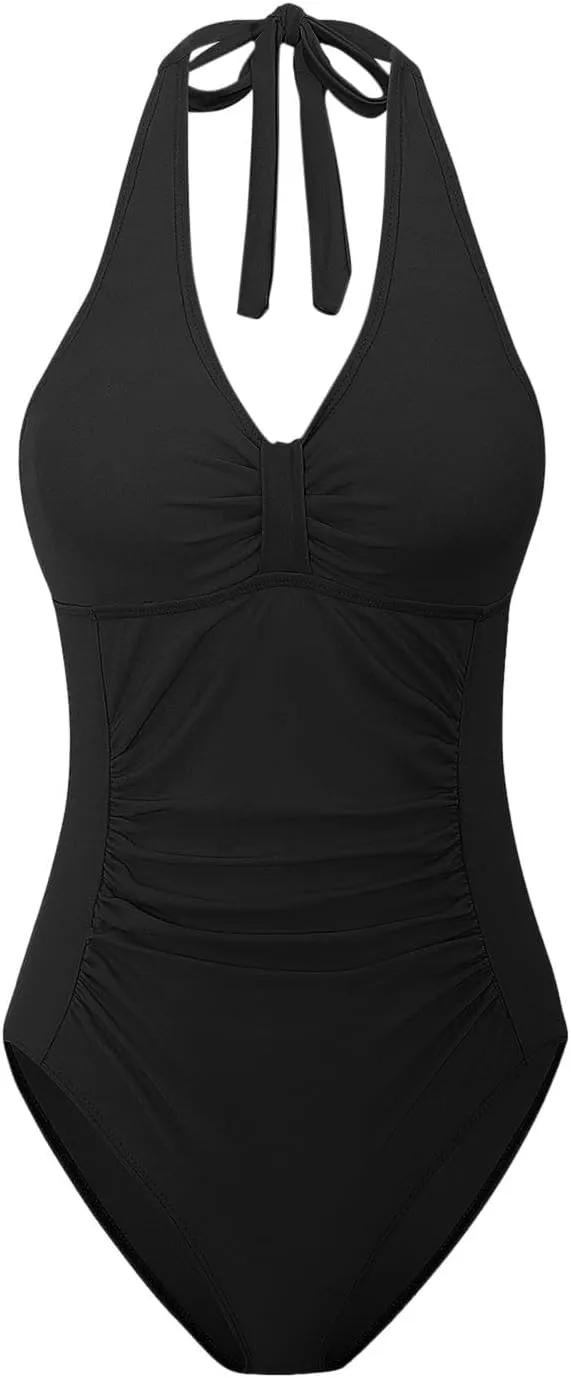 Women's Swimsuits Modest One Piece Ruched Halter Bathing Suits Backless 2025 Trendy Beach Party Swimwear Bult in Bra