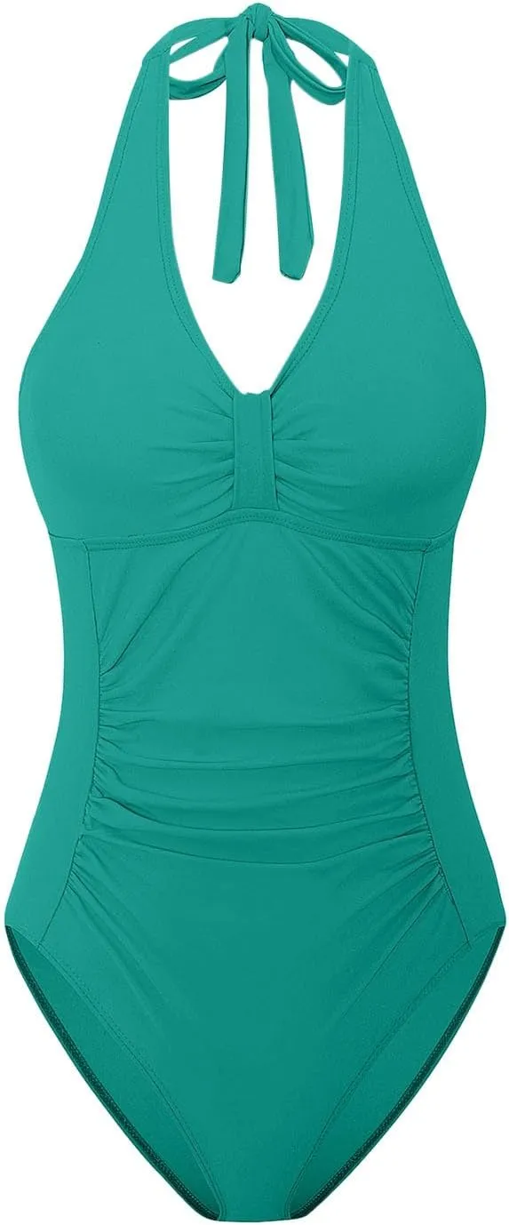 Women's Swimsuits Modest One Piece Ruched Halter Bathing Suits Backless 2025 Trendy Beach Party Swimwear Bult in Bra