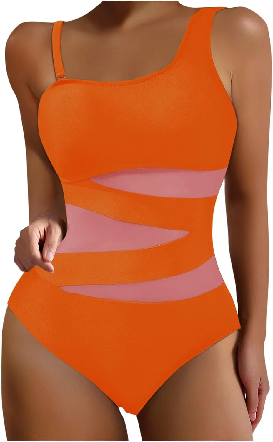 Womens Swimwear Fashion Mesh Patchwork One Shoulder Tummy Control Bathing Suits One Piece Padded Backless Swimsuits