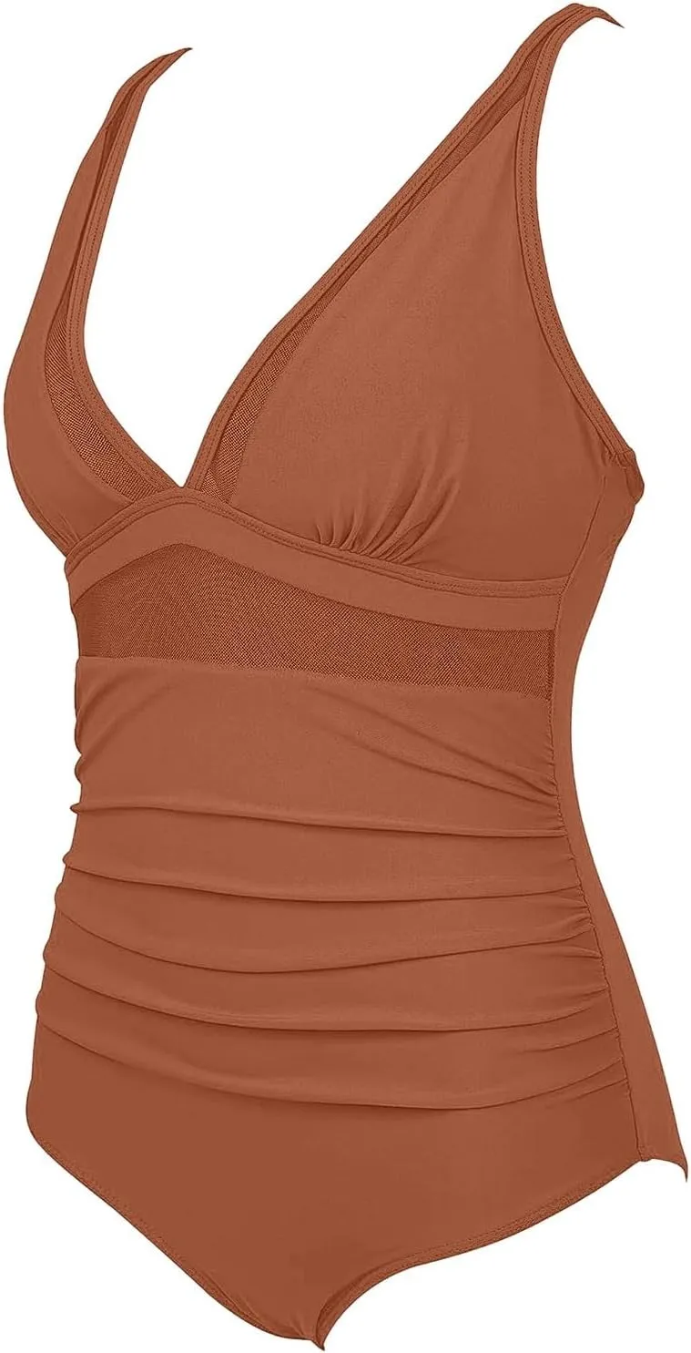 Women's Tummy Control One Piece Swimsuit Sexy V Neck Mesh Bathing Suit Slimming Push Up Swimwear Beach Vacation Clothes
