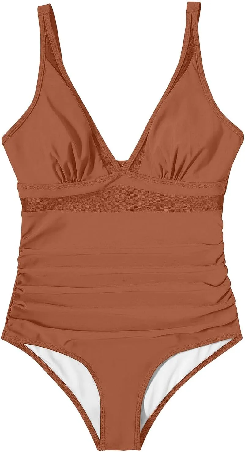 Women's Tummy Control One Piece Swimsuit Sexy V Neck Mesh Bathing Suit Slimming Push Up Swimwear Beach Vacation Clothes