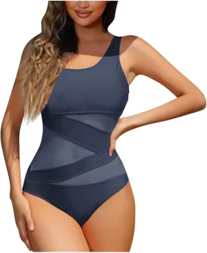 Womens Tummy Control Swimsuits Mesh Patchwork One Piece Backless Bathing Suit Trendy Adjustable Strap Swimwear 2025