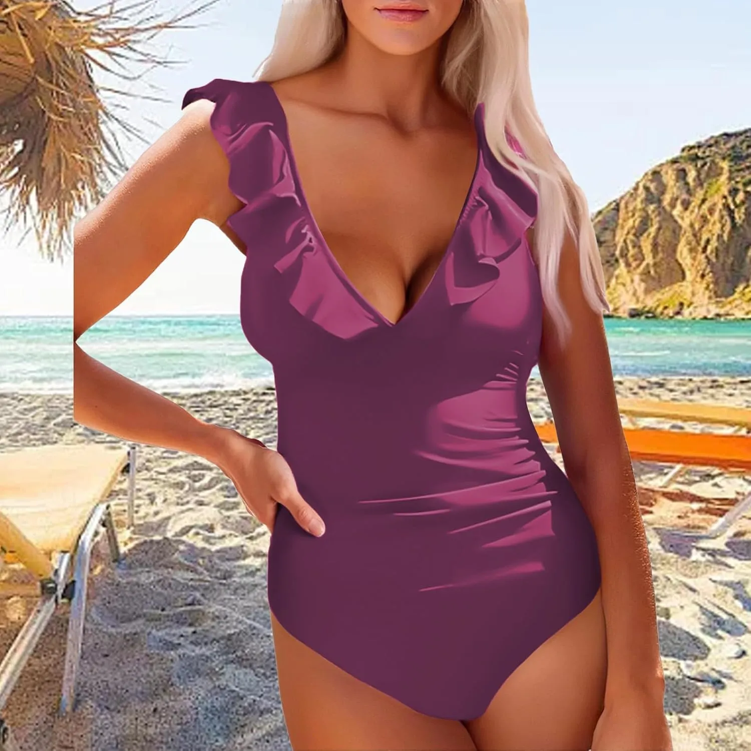 Womens Tummy Control Swimsuits One Piece V Neckline Ruffle Swimwear Bathing Suits Swimwear