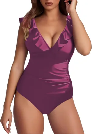 Womens Tummy Control Swimsuits One Piece V Neckline Ruffle Swimwear Bathing Suits Swimwear
