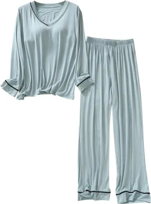Women's Two Piece Pajamas Modal Loungewear 2025 Casual Long Sleeve Top And Pants Sleepwear Pj Set With Built-In Bra