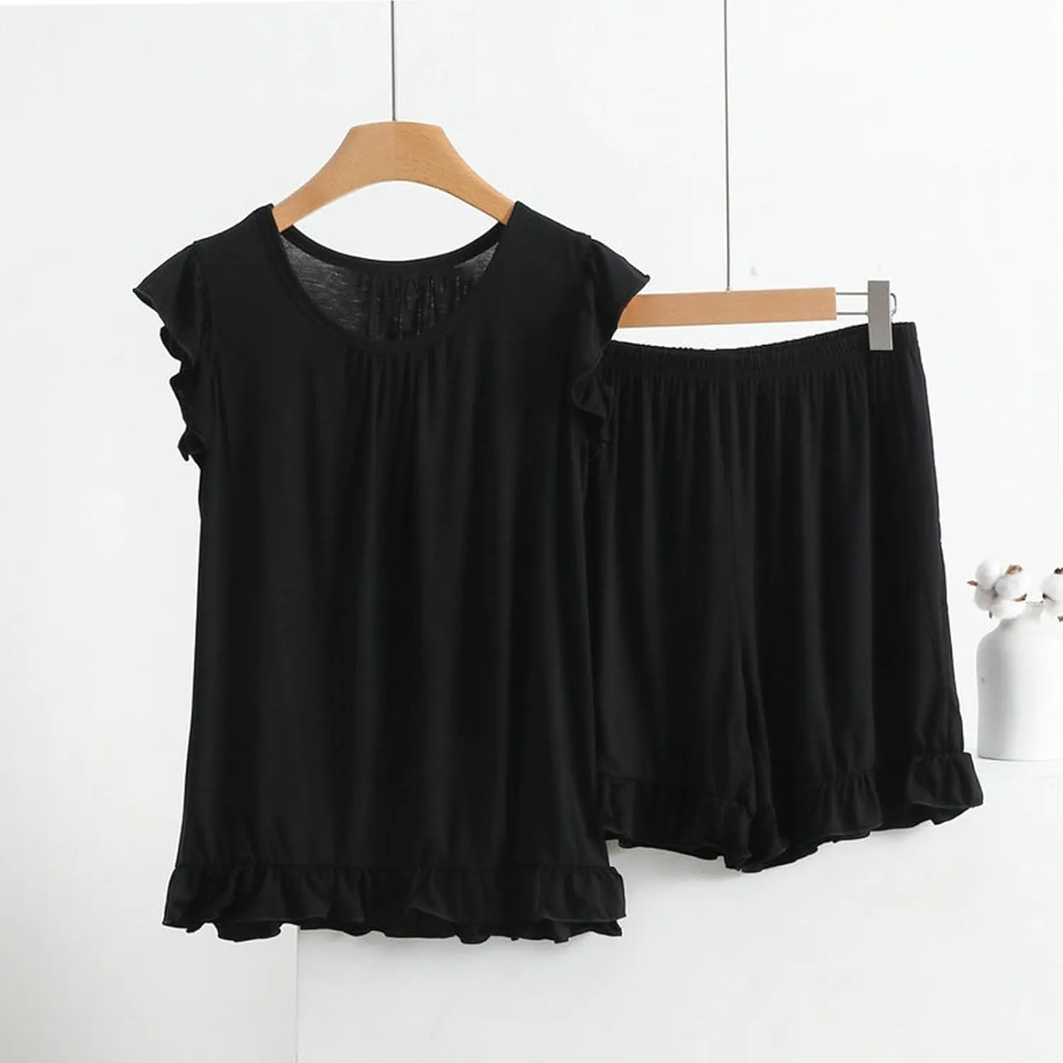 Womens Two Piece Pajamas Sets Plus Size Loungewear Soft Sleepwear Summer Ruffle Sleeve Pjs Tank Top Shorts Lounge Set