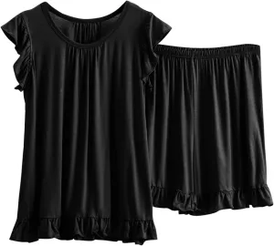 Womens Two Piece Pajamas Sets Plus Size Loungewear Soft Sleepwear Summer Ruffle Sleeve Pjs Tank Top Shorts Lounge Set