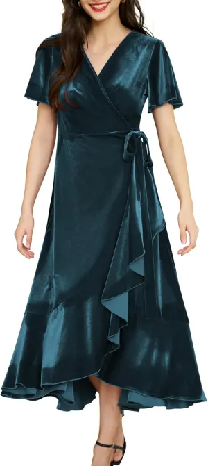 Women's Velvet Maxi Dress Boho V Neck Wrap Dress for Wedding Guest Fall Maternity Formal Dress with Pockets