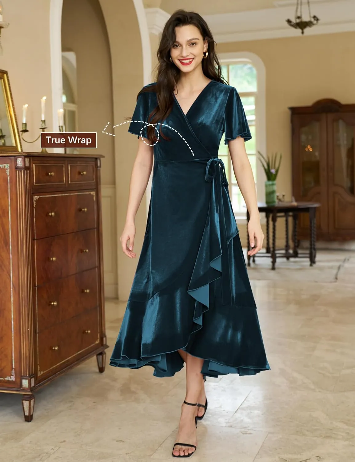 Women's Velvet Maxi Dress Boho V Neck Wrap Dress for Wedding Guest Fall Maternity Formal Dress with Pockets