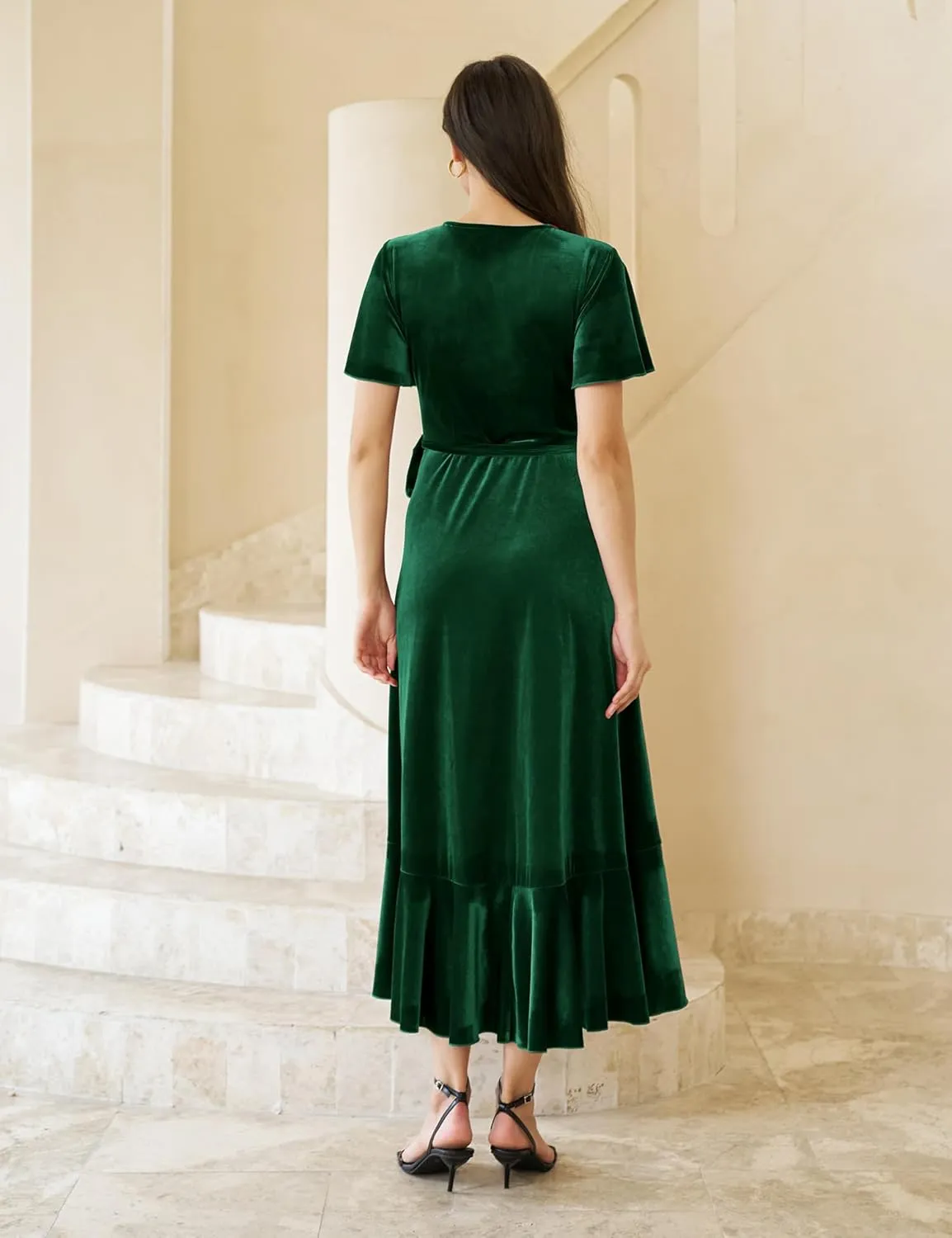 Women's Velvet Maxi Dress Boho V Neck Wrap Dress for Wedding Guest Fall Maternity Formal Dress with Pockets