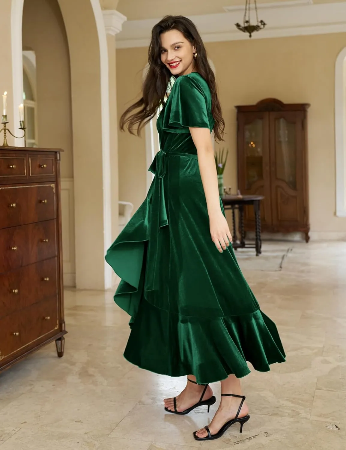 Women's Velvet Maxi Dress Boho V Neck Wrap Dress for Wedding Guest Fall Maternity Formal Dress with Pockets