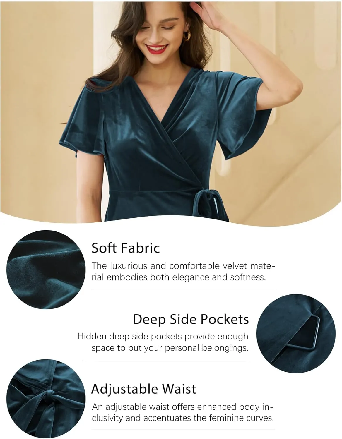 Women's Velvet Maxi Dress Boho V Neck Wrap Dress for Wedding Guest Fall Maternity Formal Dress with Pockets