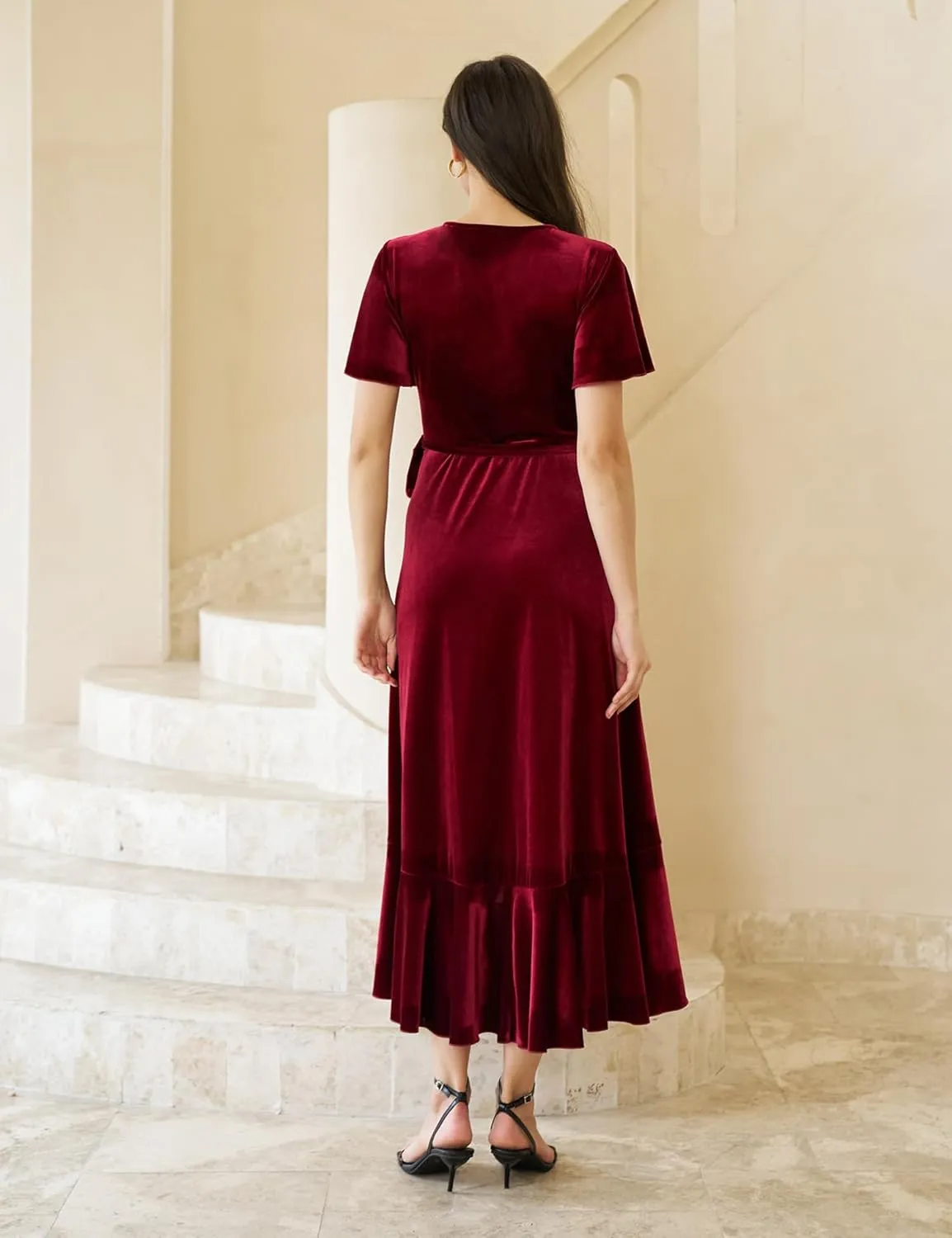Women's Velvet Maxi Dress Boho V Neck Wrap Dress for Wedding Guest Fall Maternity Formal Dress with Pockets