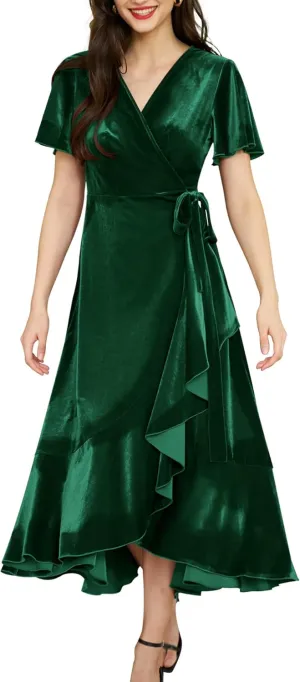 Women's Velvet Maxi Dress Boho V Neck Wrap Dress for Wedding Guest Fall Maternity Formal Dress with Pockets
