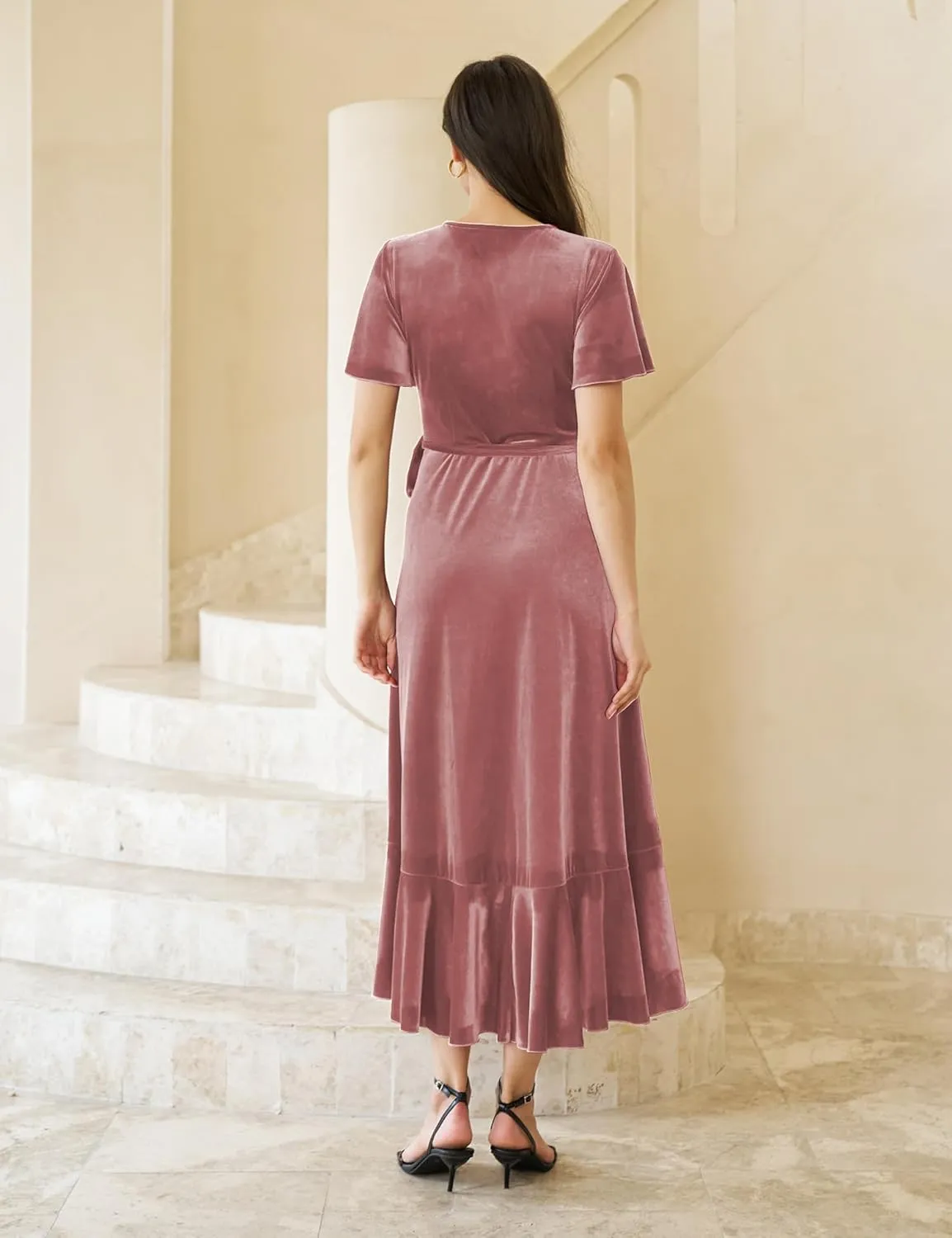 Women's Velvet Maxi Dress Boho V Neck Wrap Dress for Wedding Guest Fall Maternity Formal Dress with Pockets