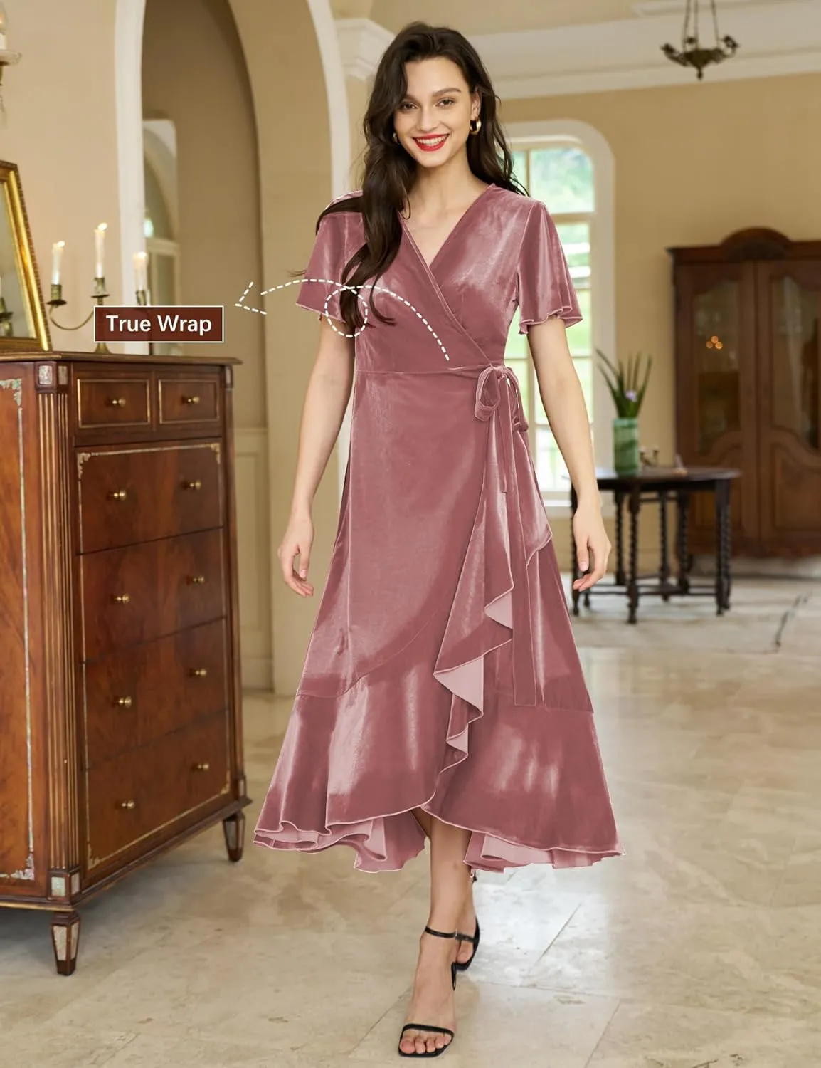 Women's Velvet Maxi Dress Boho V Neck Wrap Dress for Wedding Guest Fall Maternity Formal Dress with Pockets