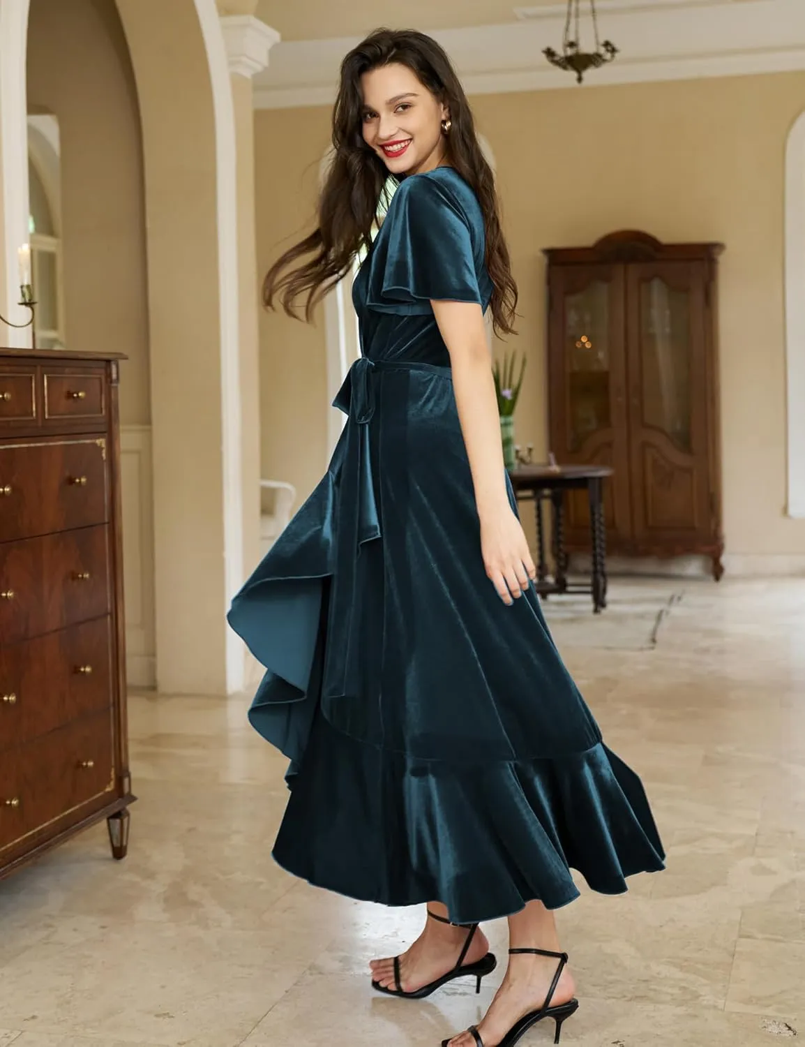 Women's Velvet Maxi Dress Boho V Neck Wrap Dress for Wedding Guest Fall Maternity Formal Dress with Pockets