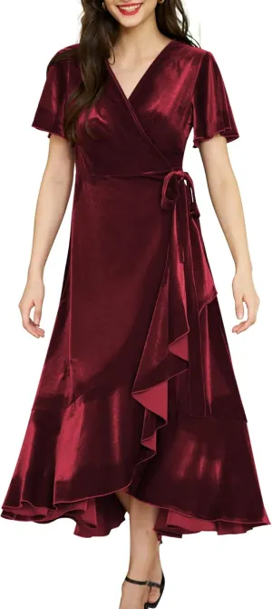 Women's Velvet Maxi Dress Boho V Neck Wrap Dress for Wedding Guest Fall Maternity Formal Dress with Pockets