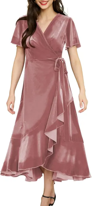 Women's Velvet Maxi Dress Boho V Neck Wrap Dress for Wedding Guest Fall Maternity Formal Dress with Pockets