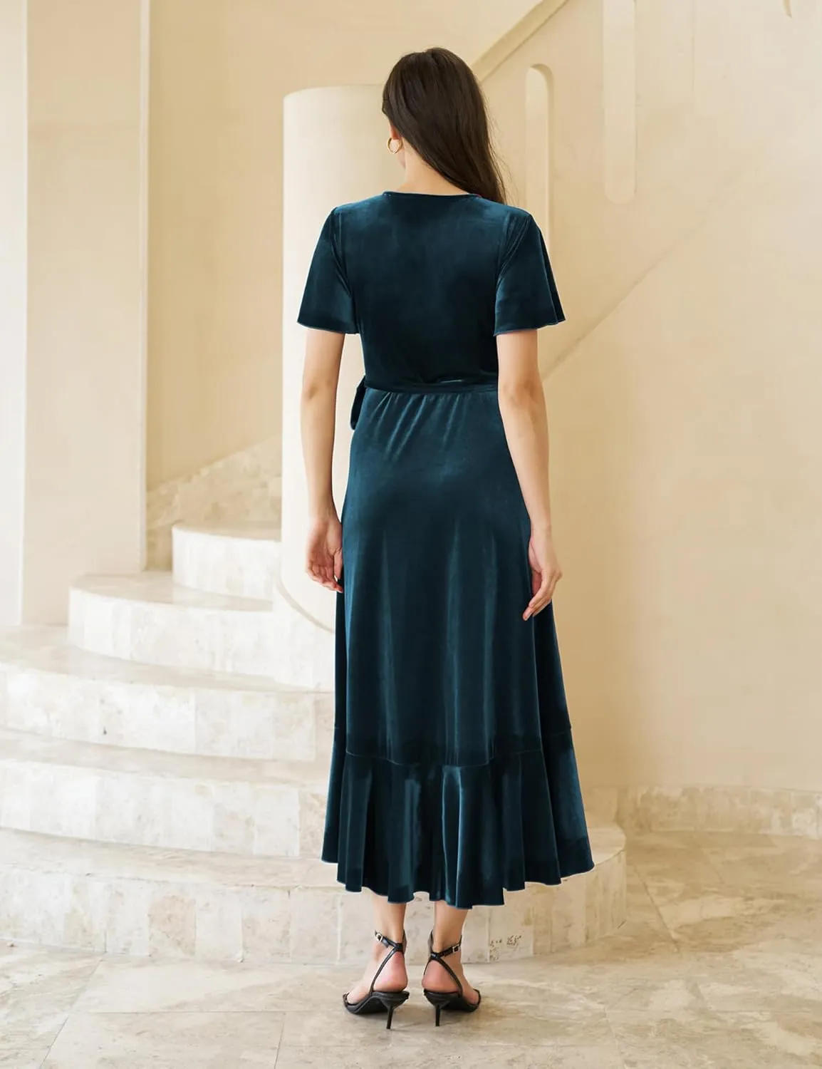 Women's Velvet Maxi Dress Boho V Neck Wrap Dress for Wedding Guest Fall Maternity Formal Dress with Pockets