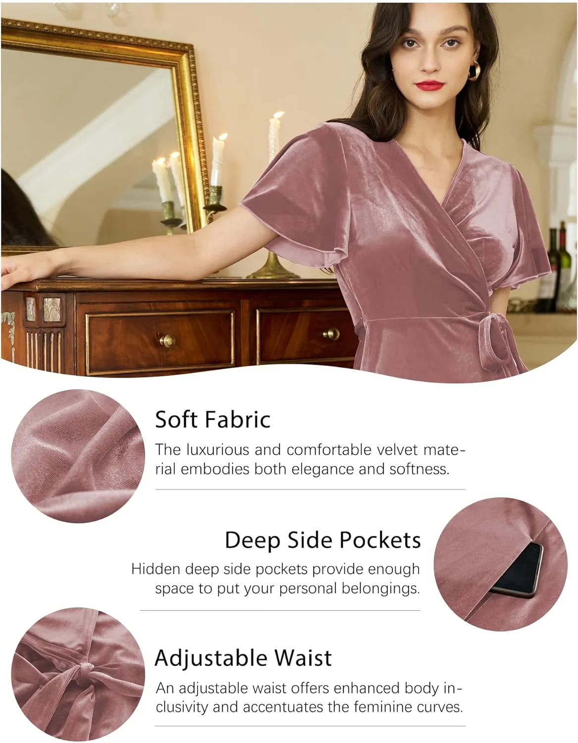 Women's Velvet Maxi Dress Boho V Neck Wrap Dress for Wedding Guest Fall Maternity Formal Dress with Pockets