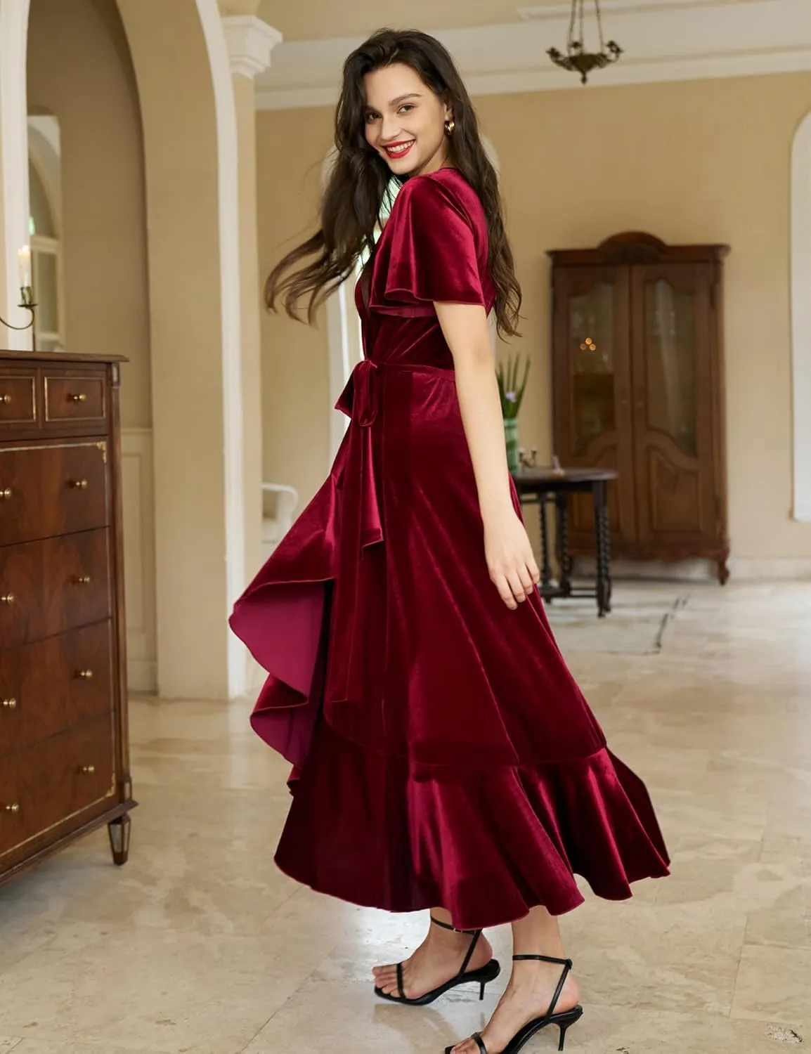 Women's Velvet Maxi Dress Boho V Neck Wrap Dress for Wedding Guest Fall Maternity Formal Dress with Pockets