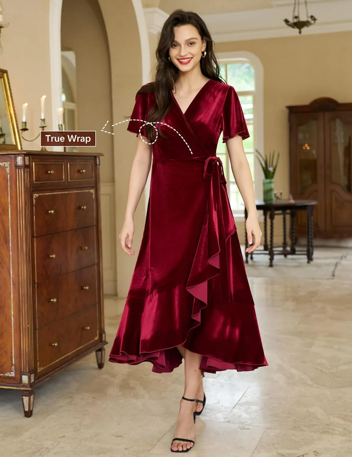 Women's Velvet Maxi Dress Boho V Neck Wrap Dress for Wedding Guest Fall Maternity Formal Dress with Pockets