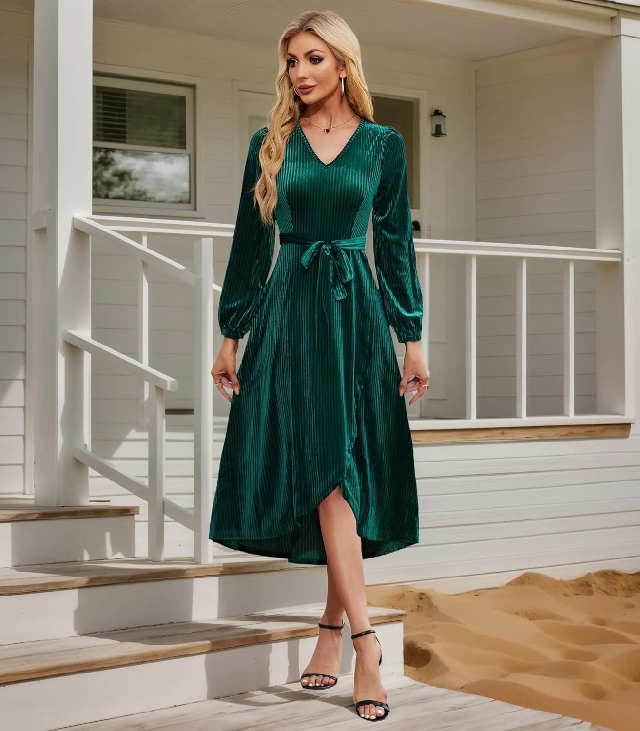 Women's Velvet V Neck Puff Sleeve Dress for Wedding Guest Cocktail Elegant Bodycon Party Midi Dress