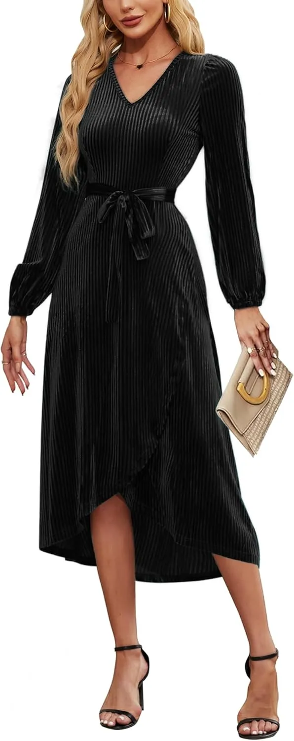 Women's Velvet V Neck Puff Sleeve Dress for Wedding Guest Cocktail Elegant Bodycon Party Midi Dress