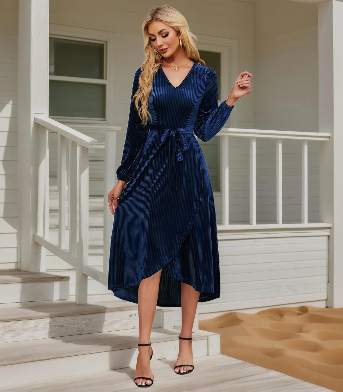 Women's Velvet V Neck Puff Sleeve Dress for Wedding Guest Cocktail Elegant Bodycon Party Midi Dress