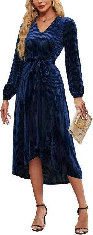 Women's Velvet V Neck Puff Sleeve Dress for Wedding Guest Cocktail Elegant Bodycon Party Midi Dress