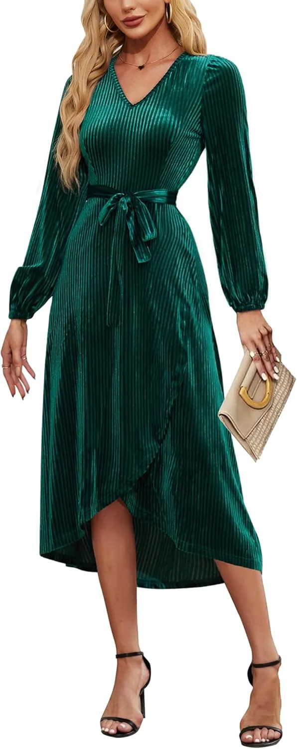 Women's Velvet V Neck Puff Sleeve Dress for Wedding Guest Cocktail Elegant Bodycon Party Midi Dress