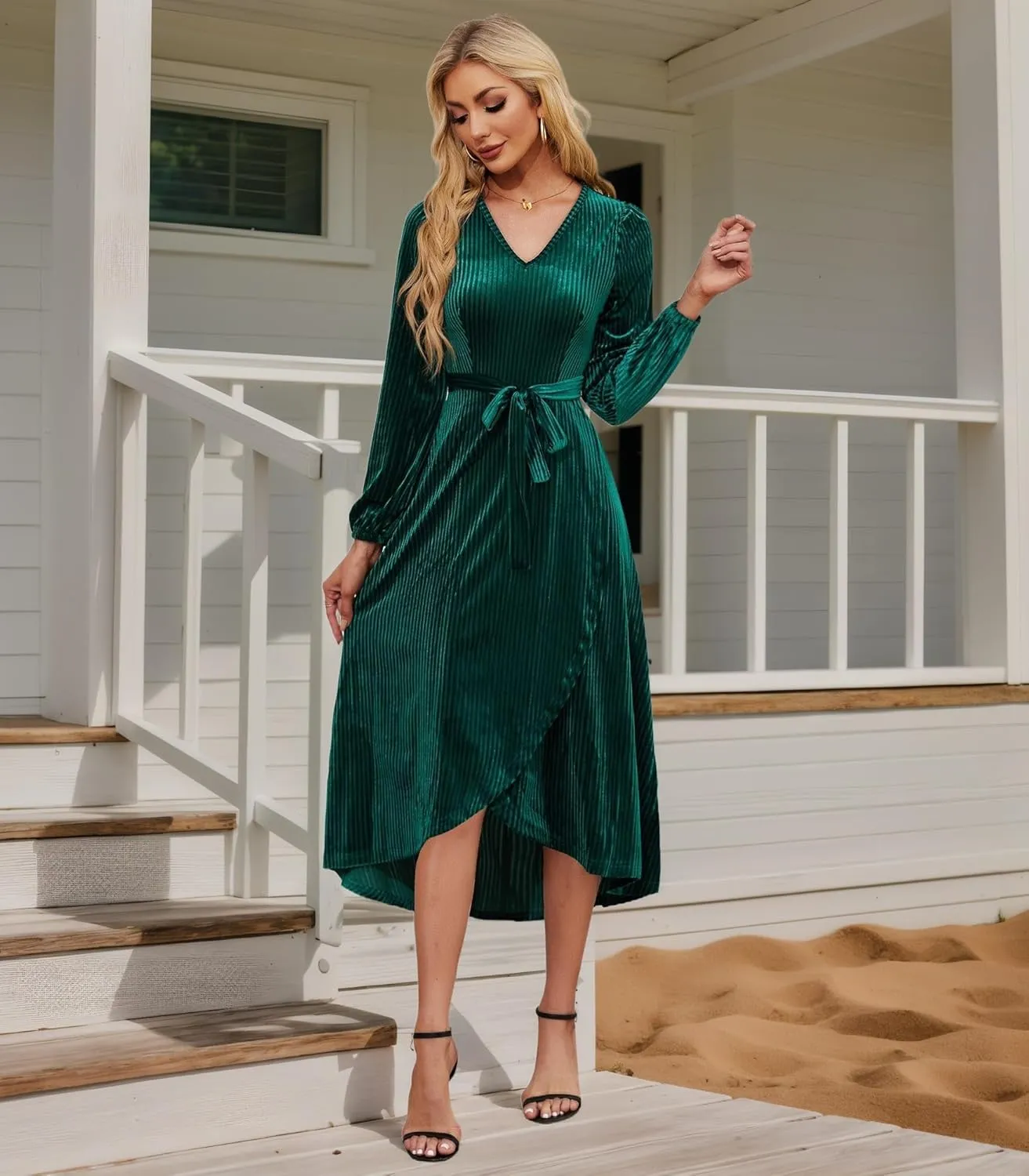 Women's Velvet V Neck Puff Sleeve Dress for Wedding Guest Cocktail Elegant Bodycon Party Midi Dress