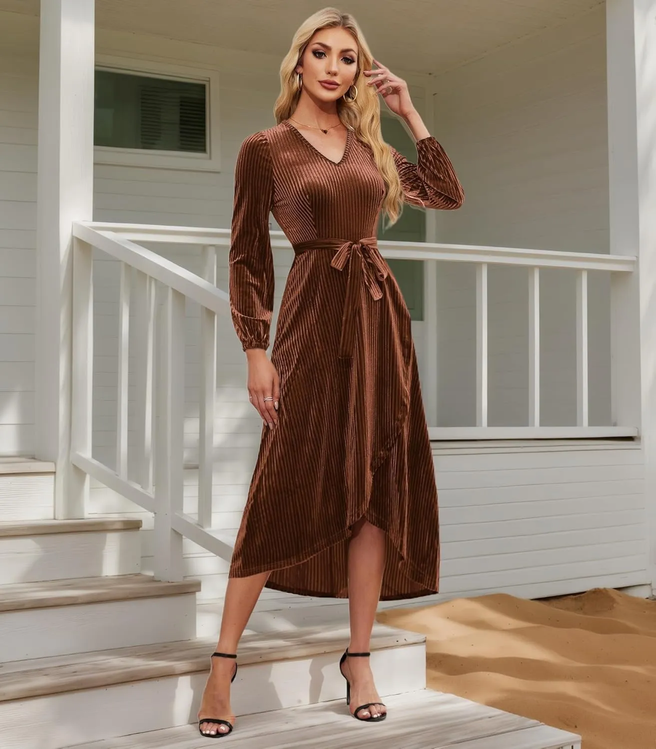 Women's Velvet V Neck Puff Sleeve Dress for Wedding Guest Cocktail Elegant Bodycon Party Midi Dress