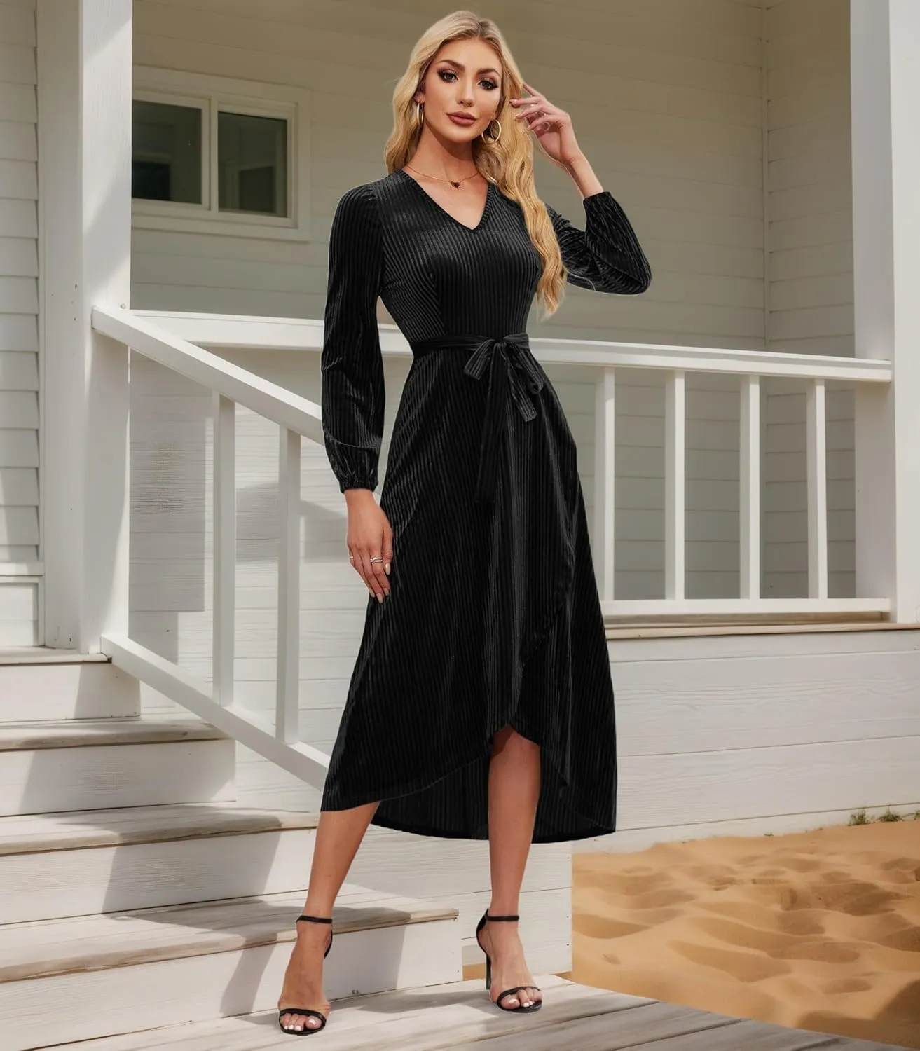 Women's Velvet V Neck Puff Sleeve Dress for Wedding Guest Cocktail Elegant Bodycon Party Midi Dress