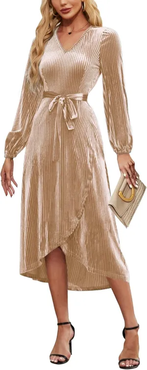 Women's Velvet V Neck Puff Sleeve Dress for Wedding Guest Cocktail Elegant Bodycon Party Midi Dress