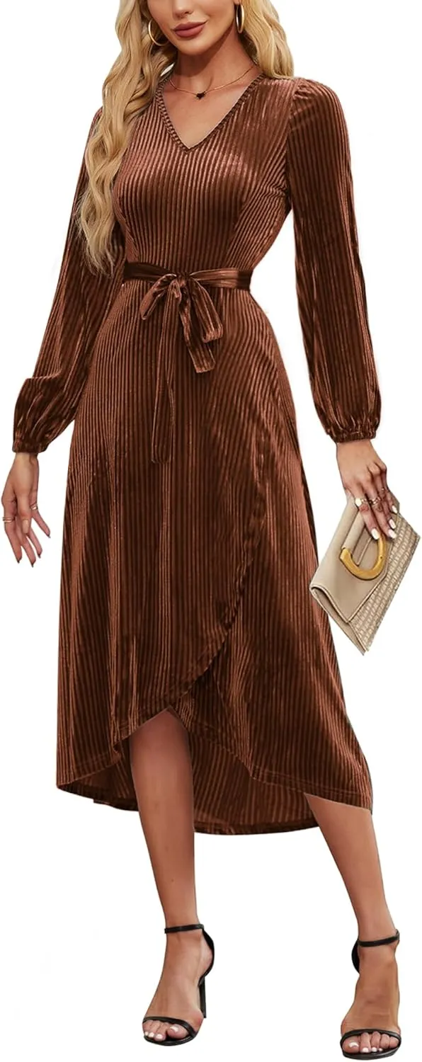 Women's Velvet V Neck Puff Sleeve Dress for Wedding Guest Cocktail Elegant Bodycon Party Midi Dress