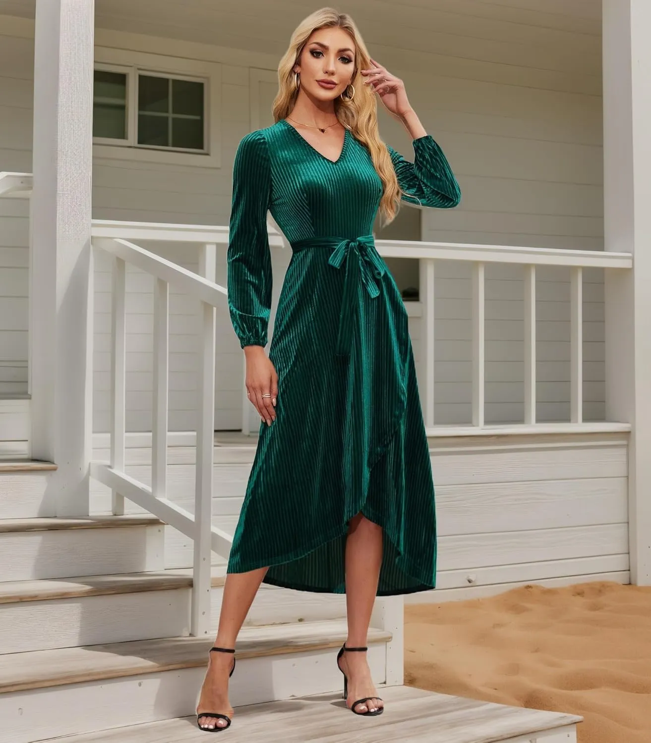 Women's Velvet V Neck Puff Sleeve Dress for Wedding Guest Cocktail Elegant Bodycon Party Midi Dress
