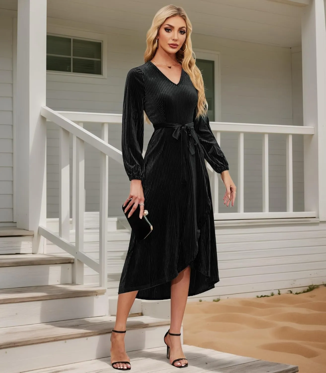 Women's Velvet V Neck Puff Sleeve Dress for Wedding Guest Cocktail Elegant Bodycon Party Midi Dress