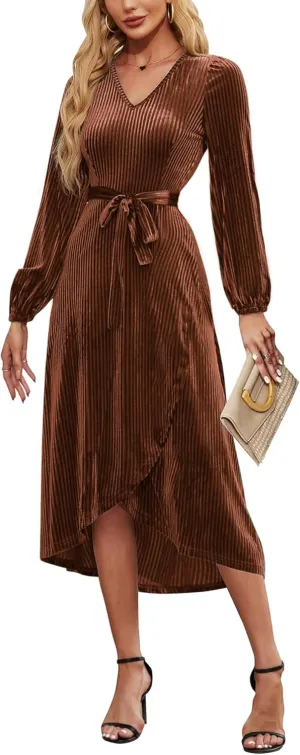 Women's Velvet V Neck Puff Sleeve Dress for Wedding Guest Cocktail Elegant Bodycon Party Midi Dress