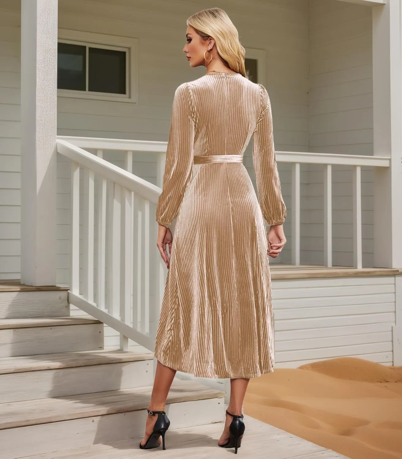 Women's Velvet V Neck Puff Sleeve Dress for Wedding Guest Cocktail Elegant Bodycon Party Midi Dress