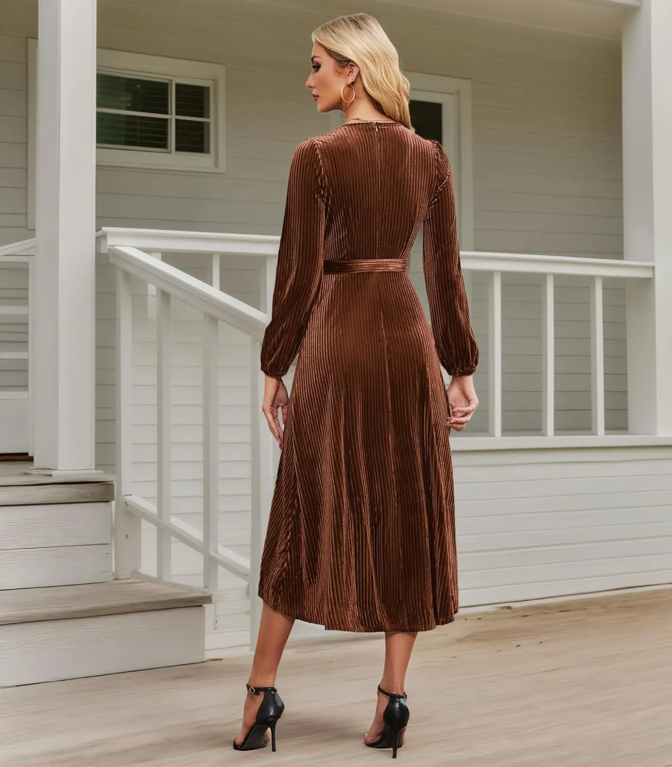 Women's Velvet V Neck Puff Sleeve Dress for Wedding Guest Cocktail Elegant Bodycon Party Midi Dress