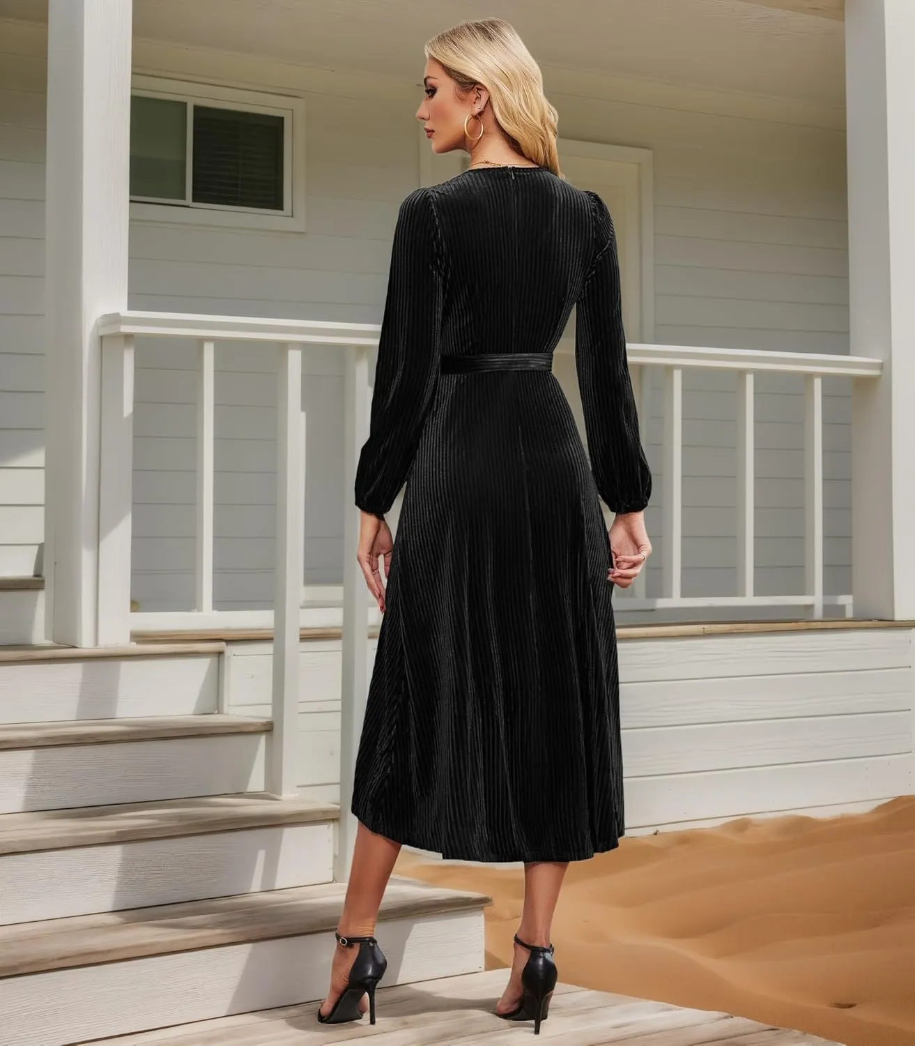 Women's Velvet V Neck Puff Sleeve Dress for Wedding Guest Cocktail Elegant Bodycon Party Midi Dress