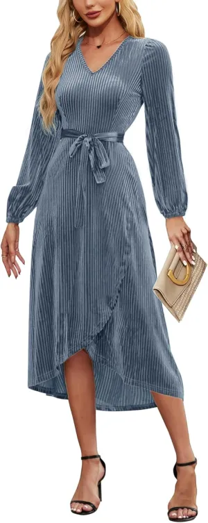 Women's Velvet V Neck Puff Sleeve Dress for Wedding Guest Cocktail Elegant Bodycon Party Midi Dress